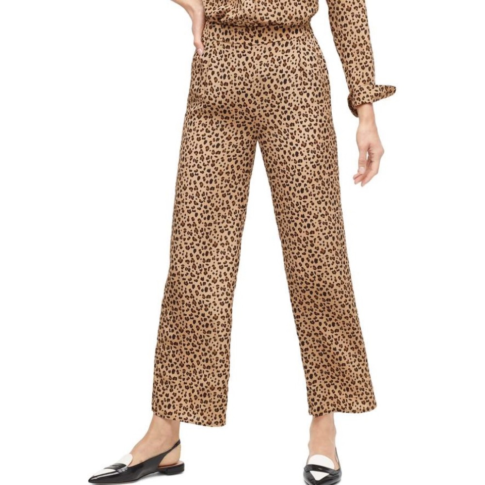 J. Crew Leopard Print Harvey Silk Pull On Wide Leg Cropped Pant Size 8. New!
